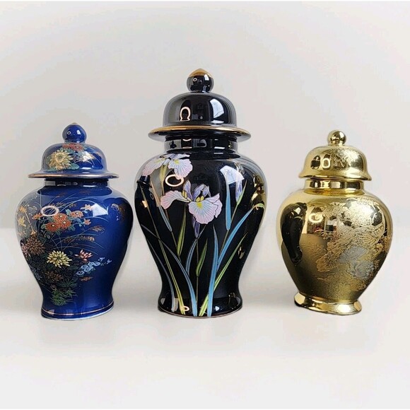 Set of 3 Vintage Japanese Ginger Jars – Floral & Metallic Designs